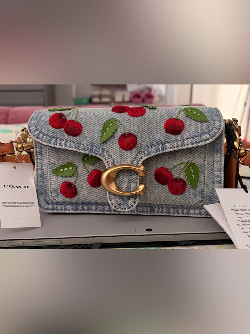 Coach Tabby 20 Cherry Embroidered Denim Shoulder Bag - Picture 9 of 11